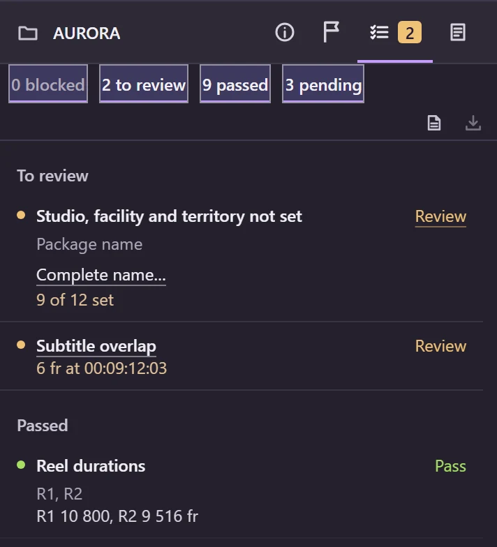 The Checks tab of the AURORA project: 0 blocked, 2 to review, 9 passed and 3 pending, each item to review with its fix.