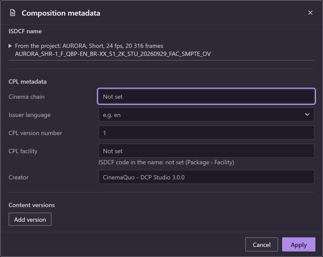 Composition metadata: the ISDCF name built from the project, and the fields of the CPL, with CinemaQuo DCP Studio as the creator.