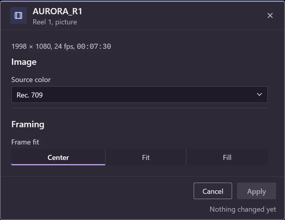 Picture settings of AURORA_R1 in CinemaQuo DCP Studio: 1998 × 1080 at 24 fps, source colour Rec. 709, and the frame fit set to Center, Fit or Fill.