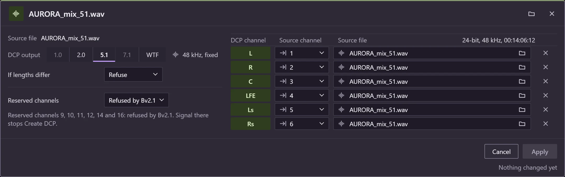 Channel mapping of AURORA_mix_51.wav: a 5.1 output at 48 kHz, each DCP channel from L to Rs taken from a channel of the file, and the reserved channels refused by Bv2.1.