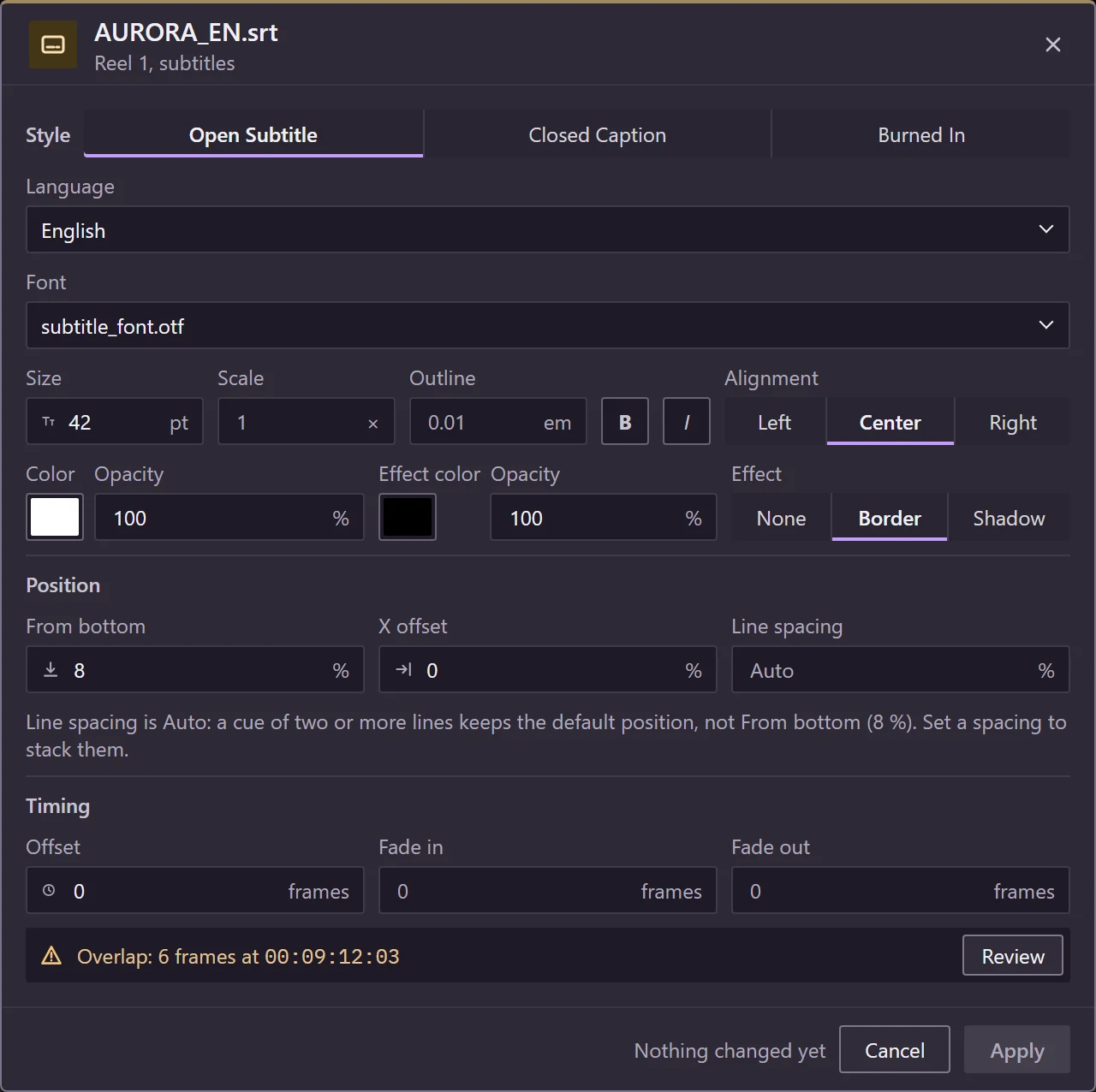 Subtitle style of AURORA_EN.srt: an English open subtitle with its font, size, colour, border, position and timing, and a warning that two events overlap by 6 frames at 00:09:12:03.