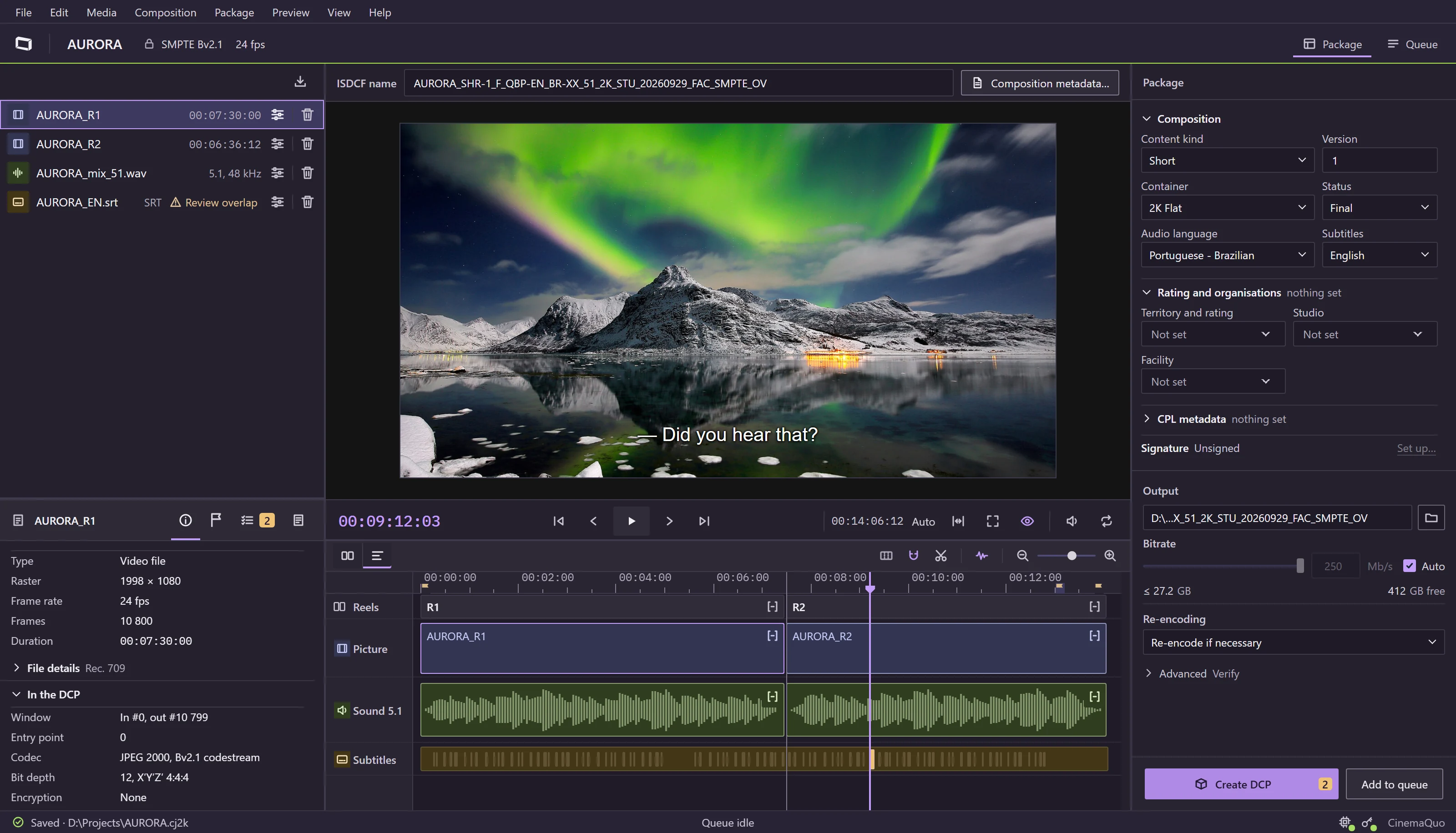 The CinemaQuo DCP Studio window with the sample project AURORA: the masters on the left, an aurora over a fjord in the viewer with a subtitle over it, the timeline with its picture, sound and subtitle lanes across two reels, and the package settings on the right.